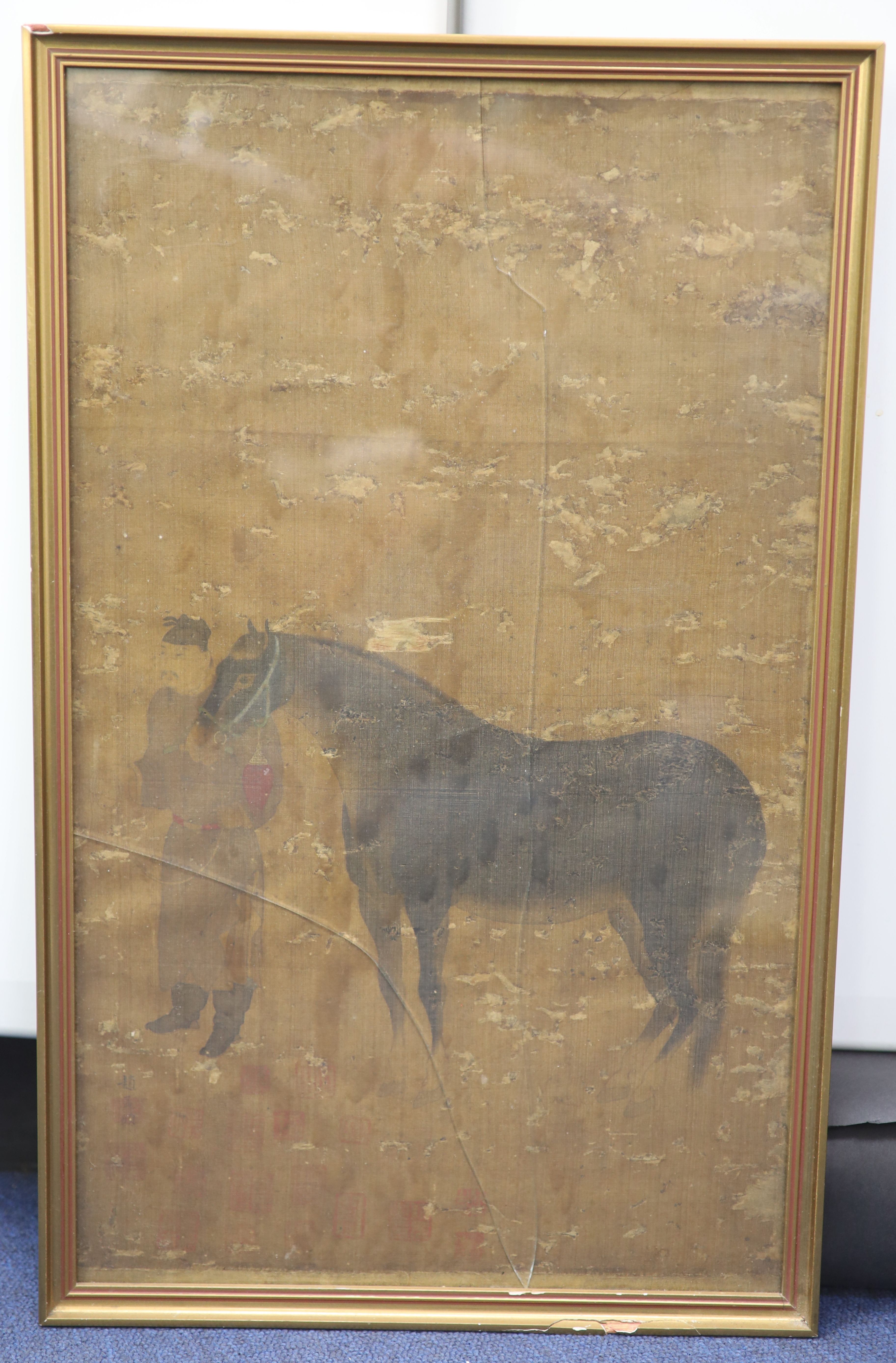 After Zhou Mengfu, painting on silk of a horse and groom, probably Ming or early Qing dynasty, 54 x 32cm, many holes to silk, Provenanc
